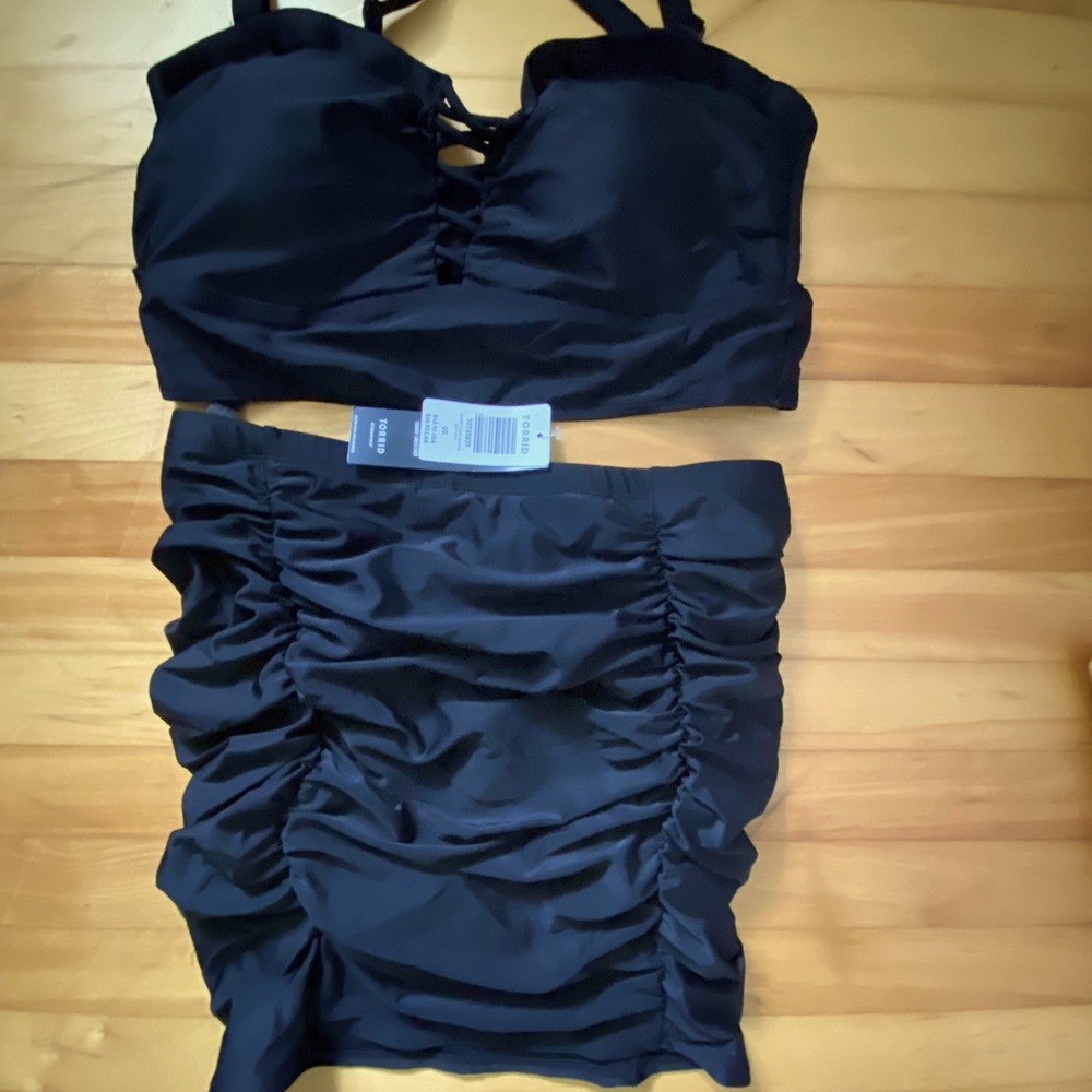 Torrid Black Mini ruched Swim Skirt size 00 and Criss cross bikini top size 0